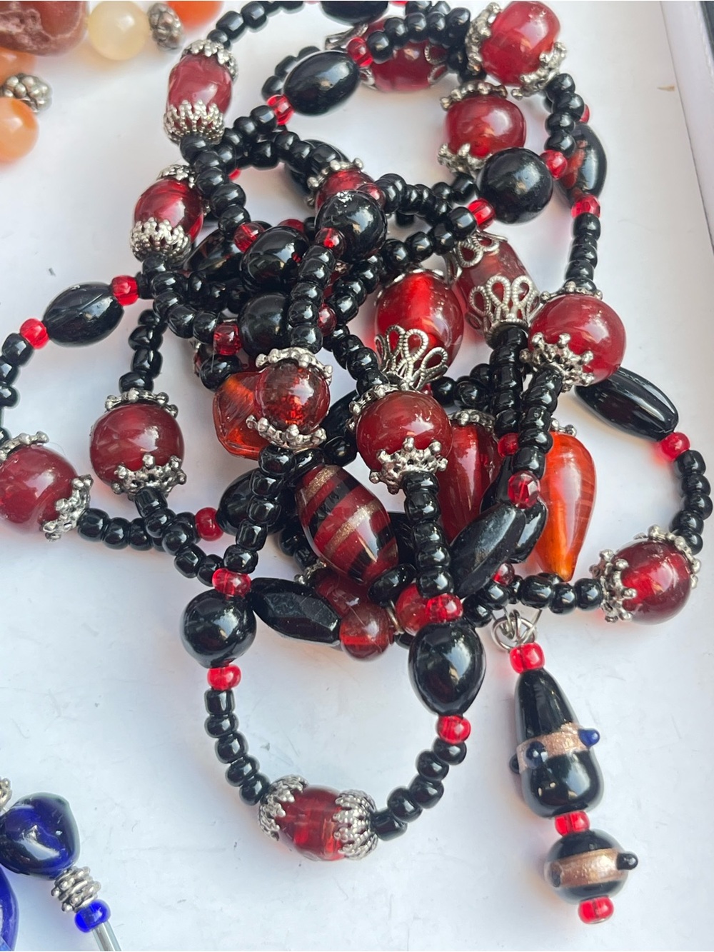 Vintage Black and Red Glass Bead Necklace 24”